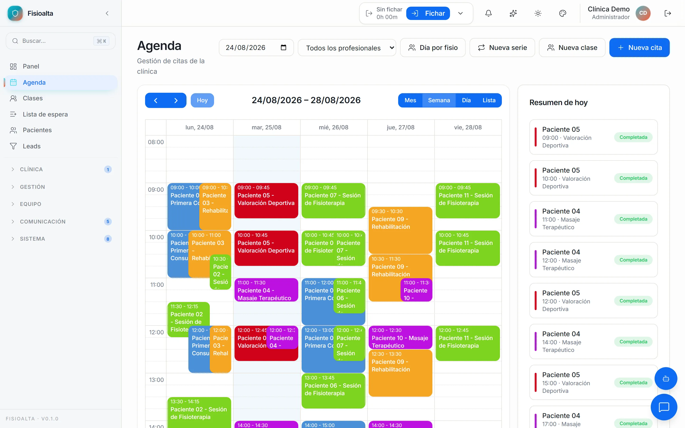 Agenda semanal de Fisioalta con varias columnas de profesionales