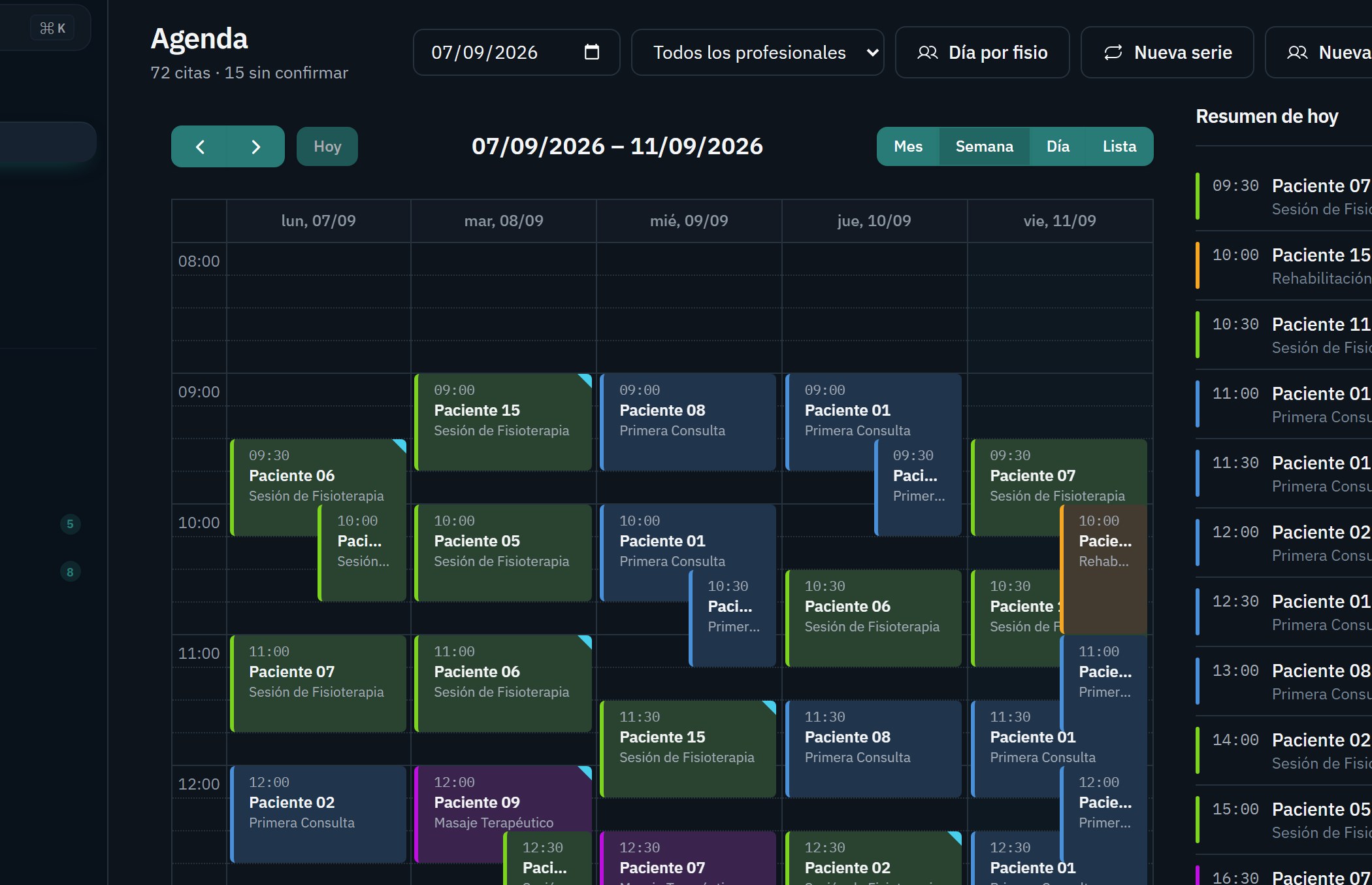 Agenda semanal de Fisioalta con varias columnas de profesionales